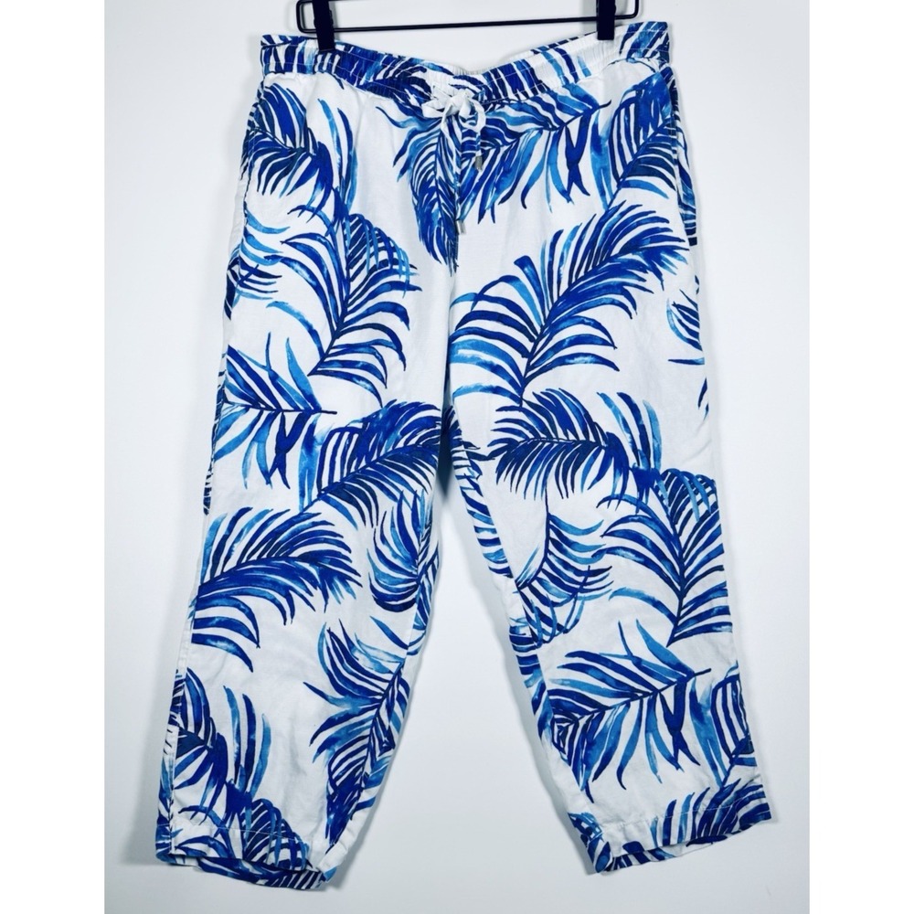 Tommy Bahama Linen Pants Womens Large Blue Palm Print Drawstring‎ Beach Resort